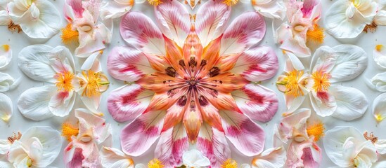 An abstract floral arrangement with flat lay petals forms a creative bohemian mandala suitable for social media invitations and vintage wedding blogs Symmetry filter enhances the copy space image