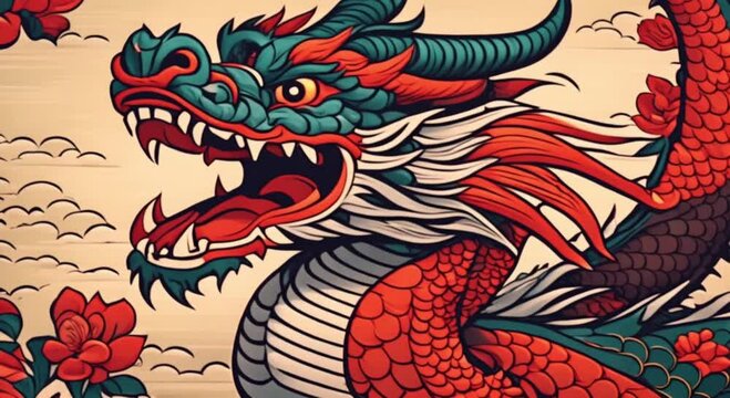 eastern dragon in traditional asian illustration style