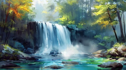 Obraz premium A serene waterfall in a lush forest with vibrant greenery and mist rising from the cascading water, creating a peaceful nature scene.
