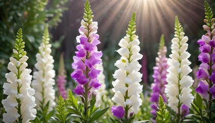 Obraz premium White and purple snapdragons behind sunrays background