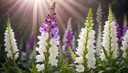 Obraz premium White and purple snapdragons behind sunrays background