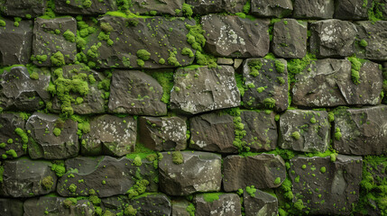 A stone wall covered with green moss, with free space for text. The texture of moss and the severity of the stone create a harmonious composition.