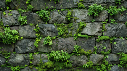 A stone wall covered with green moss, with free space for text. The texture of moss and the severity of the stone create a harmonious composition.