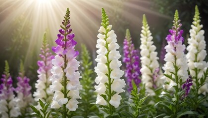 Fototapeta premium White and purple snapdragons behind sunrays background