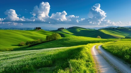 Fototapeta premium Scenic landscape with a winding dirt road through lush green hills under a clear blue sky with dramatic clouds.