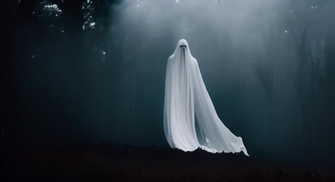 haunted halloween ghost on black foggy background 