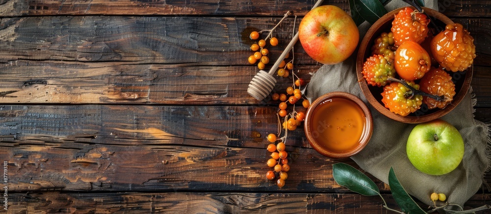 Poster wooden table with an arrangement of sea buckthorn honey rowan apple and pear in a wooden bowl top vi