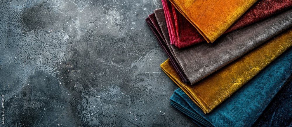 Aufkleber colorful luxury velvet fabric samples arranged on a stone table in a top down view with ample space 