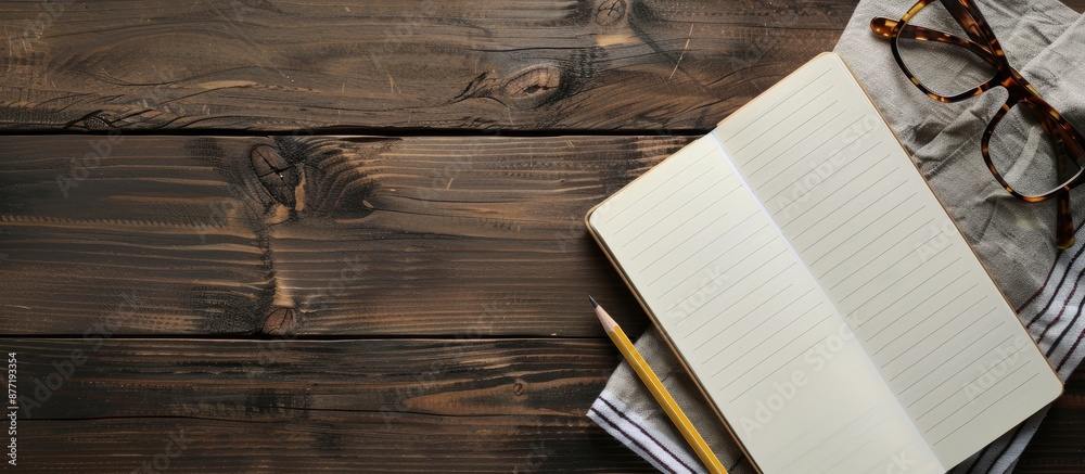 Aufkleber Create a card with a wood textured mockup featuring a notebook glasses and pencil seen from above offering ample copy space image