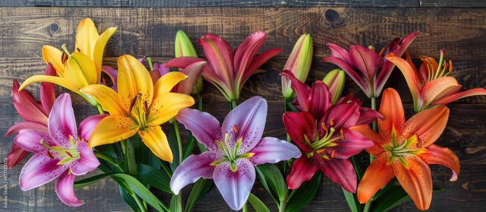 Poster celebrate spring and mother s day with an eye catching display of vibrant lilies against a rustic wo
