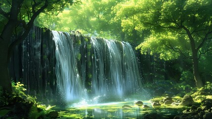 Fototapeta premium Serene forest waterfall with lush greenery and sunlight filtering through trees, creating a peaceful and natural landscape scene.