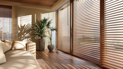 Fototapeta premium Modern Living Room with Sunlight Streaming Through Wooden Blinds