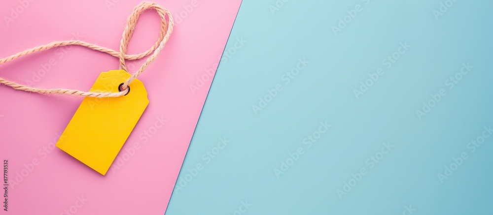 Aufkleber minimalistic flat lay composition featuring a blank price tag on a pastel background with ample copy