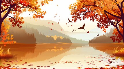 Autumn Lake Scenery with Fall Foliage and Tranquil Reflection