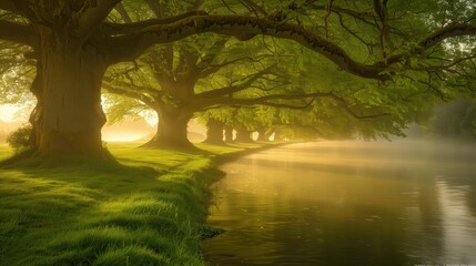 Obraz premium Sunrise in a misty forest with a calm river reflecting sunlight through lush green tree canopies, creating a serene and tranquil scene.