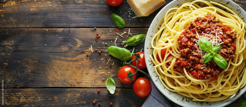 Poster savory minced beef and tomato sauce spaghetti bolognaise bolognese displayed on an office table for 