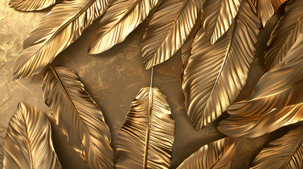 3d wallpaper golden feathers background, luxury leaves texture design for wall mural