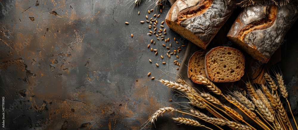 Fototapete bread accompanied by barley ears set against a rustic background with ample copy space image