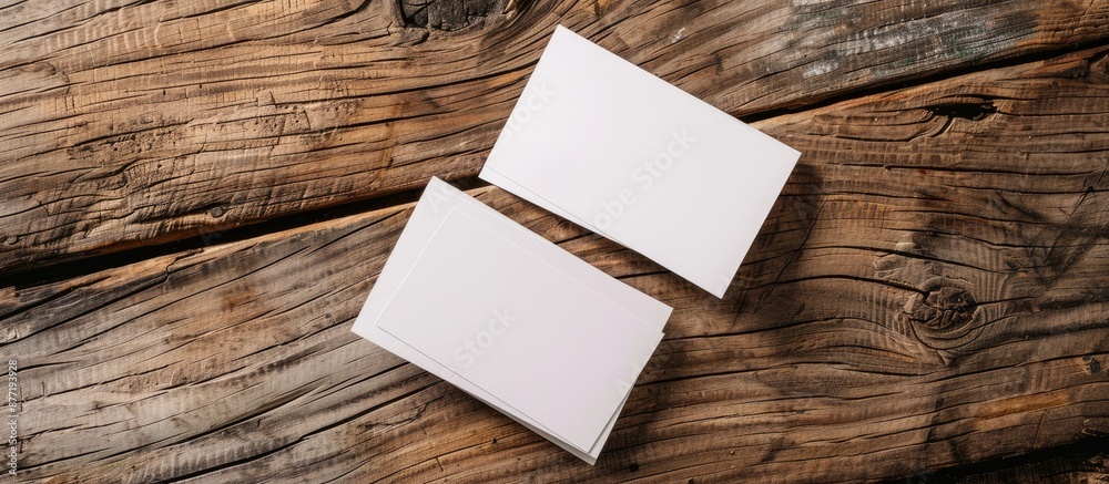 Poster top view of two business cards on a wooden surface suitable for branding advertising and design purp