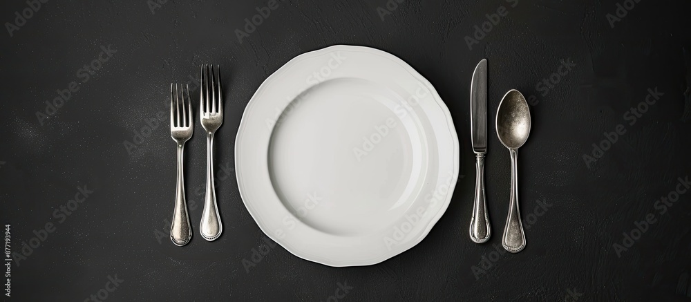 Fototapete top view of a spotless white plate with cutlery isolated on a black background ideal for food relate