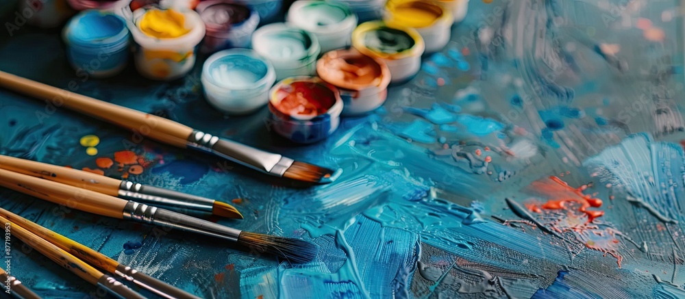 Poster Artistic tools like watercolor paints and brushes are set up as a workspace for an artist to create a mock up with copy space image