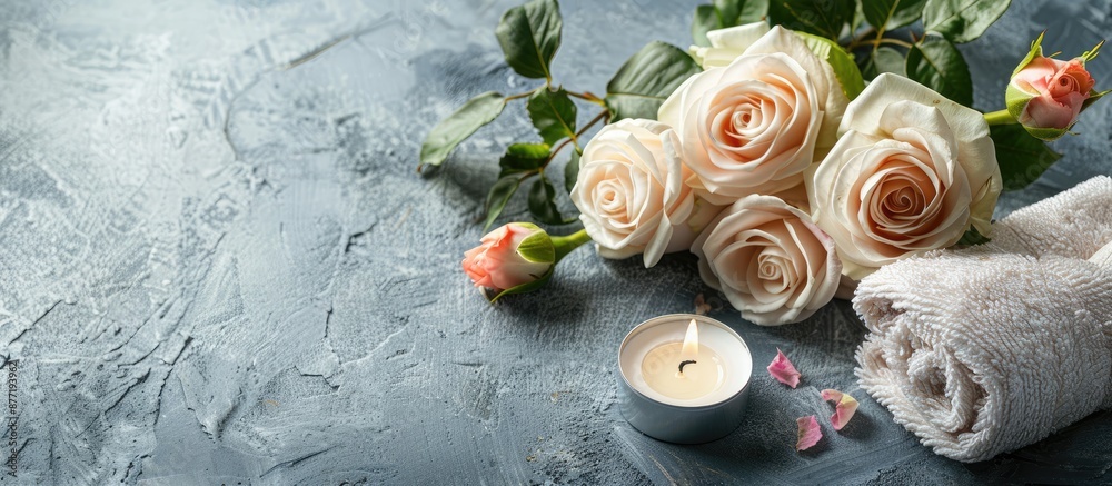 Aufkleber A serene arrangement of spa items roses and a candle on a rustic grey table with room for text in the image. with copy space image. Place for adding text or design