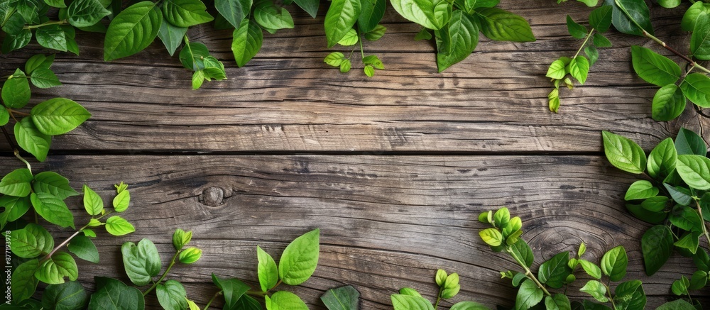 Poster Empty space on a wooden background with green leaves perfect for inserting copy space image