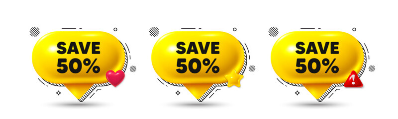 Chat speech bubble 3d icons. Save 50 percent off tag. Sale Discount offer price sign. Special offer symbol. Discount chat offer. Speech bubble banners. Text box balloon. Vector