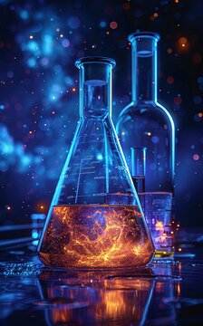Laboratory Beakers with Glowing Chemical Reactions Under Colorful Night Sky