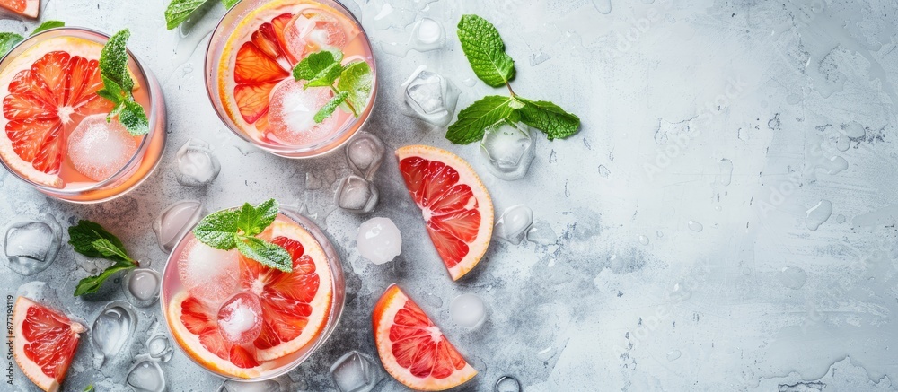 Poster tasty cocktails made with grapefruit mint and ice balls on a white table with copy space image avail