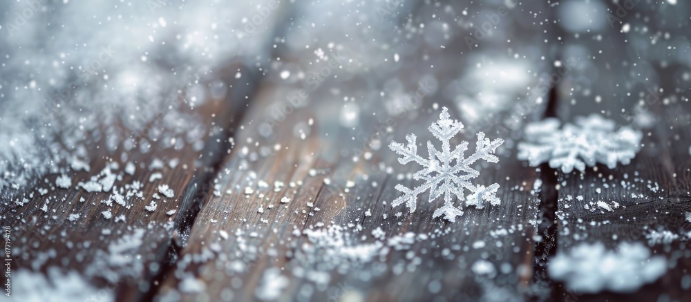 Aufkleber close up macro shot featuring snowflakes on a vintage wooden backdrop with selected focus ideal as a