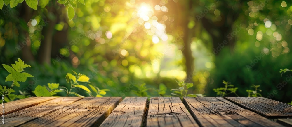 Aufkleber Wooden table with no objects on it set against a blurred green nature backdrop creating a serene copy space image