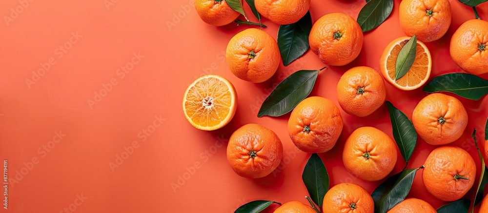 Aufkleber Fresh mandarins arranged on an orange background with copy space image available