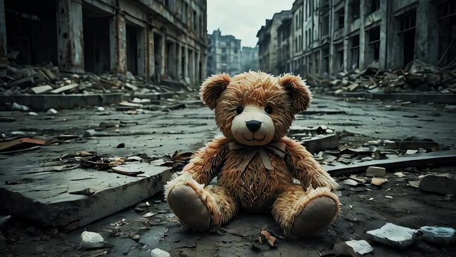Teddy bear amidst city ruins, a stark symbol of lost childhood innocence in the aftermath of war or disaster. Generated with Ai