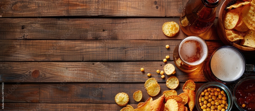 Fototapete wooden table with lager beer and snacks creating the perfect backdrop for a copy space image