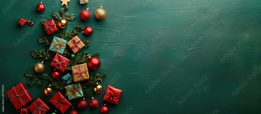 Poster a festive christmas tree crafted from gift boxes and ornaments on a green backdrop with a copy space