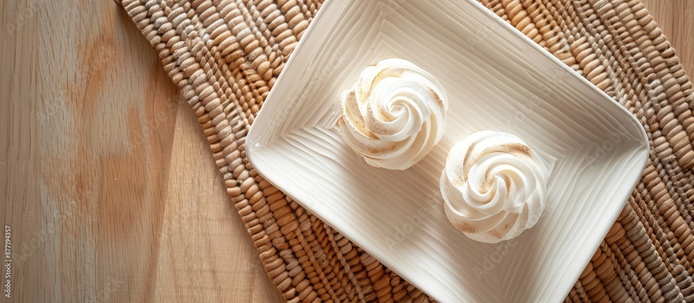 Poster a high angle view displays two gourmet meringues on a white platter on a woven placemat with a beaut