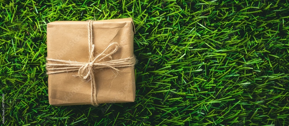 Poster top view of a gift box on lush green grass background suitable for christmas and new year with copy 