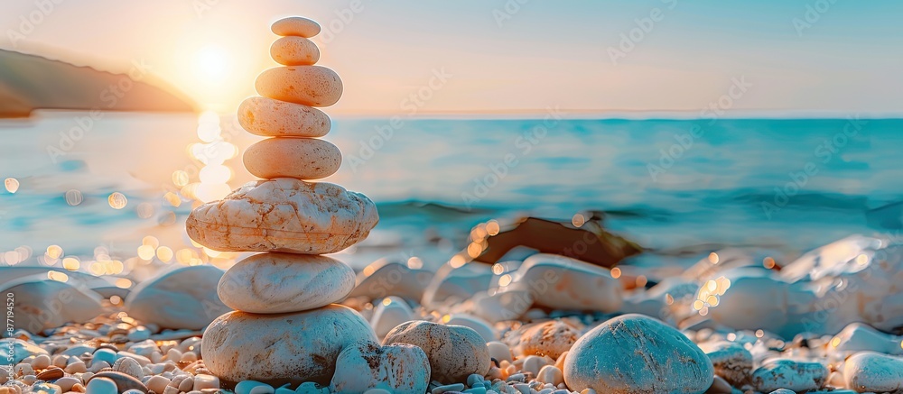 Poster pebbles pyramid on the beach with a sunny day and clear sky at sunset and a blue sea in the backgrou