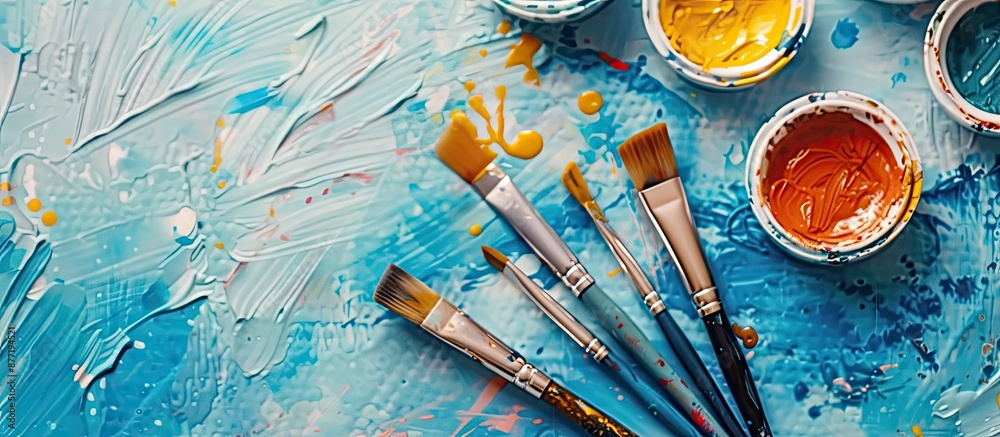 Poster close up of watercolor paints and brushes on a blue background with copy space image available