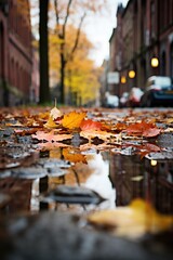 Realistic autumn painting the city in detail, from the texture of leaves to harm, generative IA