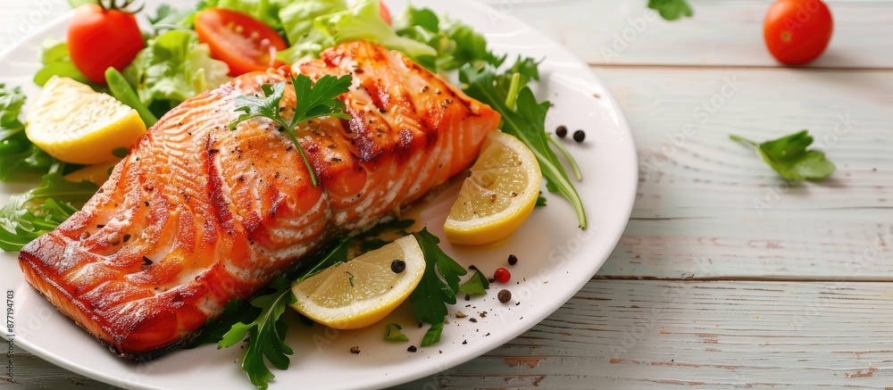 Poster salmon dish with salad and lemon garnish on a white wooden backdrop perfect for a copy space image