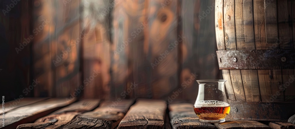 Aufkleber a vintage wooden barrel next to a glass of scotch whiskey with a rustic background suitable for a co