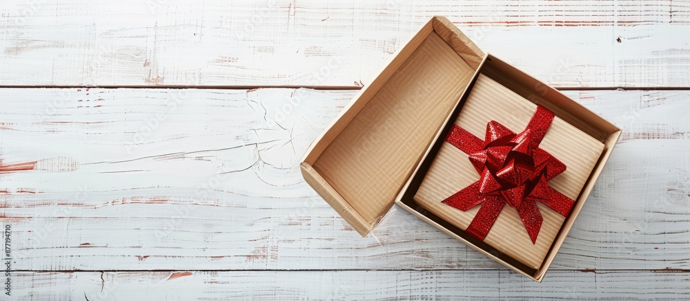 Poster gift box open on a white wooden table with copy space image