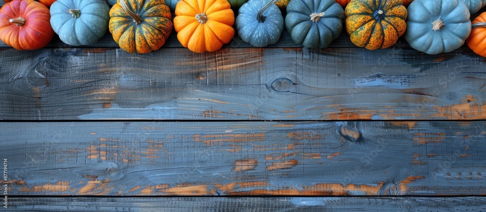 Poster Pumpkins in various colors placed on the border of a wooden table set against a backdrop providing room for a text placement copy space image