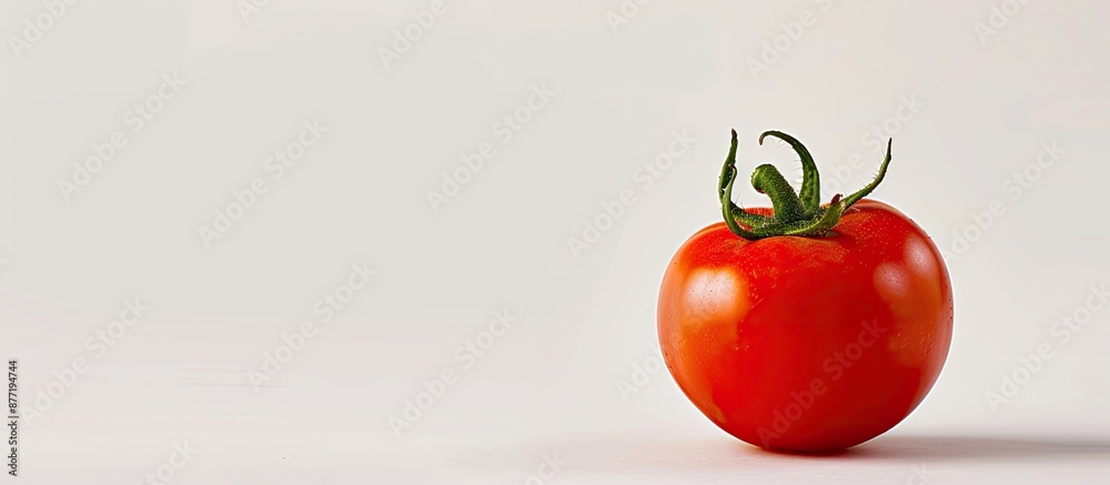 Poster a vibrant red organic tomato isolated against a white backdrop perfect for adding your message or de