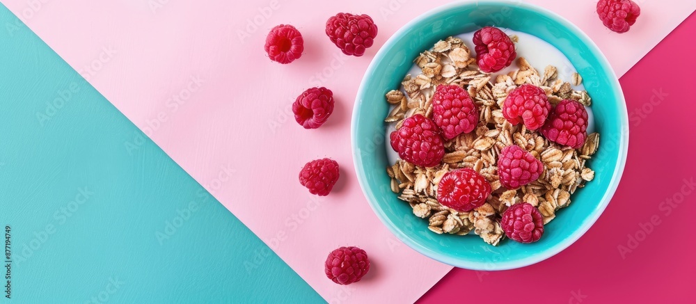 Aufkleber Flat lay showcasing a delicious granola with raspberries on a colorful pink and turquoise backdrop emphasizing a healthy breakfast idea with copy space image