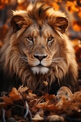 Fototapeta premium Close of a lion lying in a dry grass field, generative IA