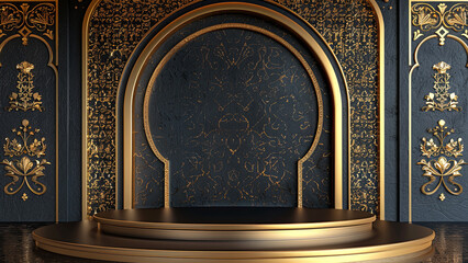 3D Gold and Black Islamic Podium Background for Eid al-Adha, Eid al-Fitr, Ramadan Festivities