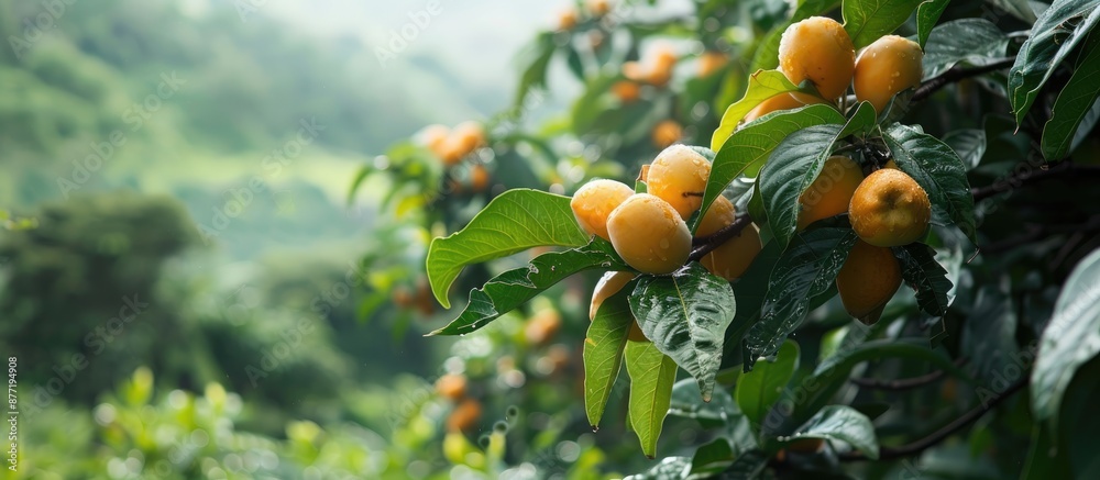 Leinwandbilder Lush green trees with loquat fruits ripening providing a serene backdrop in the orchard setting with a copy space image